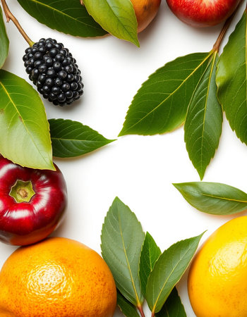 Composition of fresh fruits and leaves on white background, top view