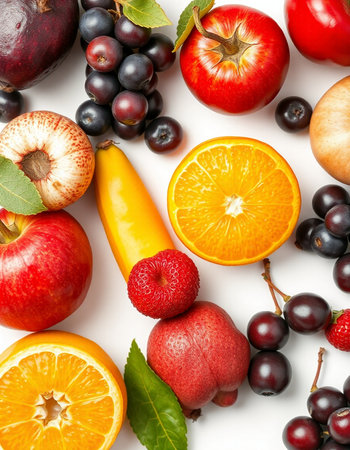 Fruits and vegetables on a white background. View from above.