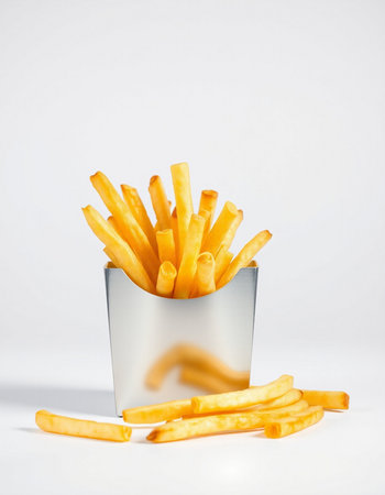 French fries in a glass on a white background. Selective focus.