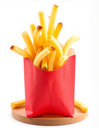 French fries in a red paper bag on a white background. Isolated