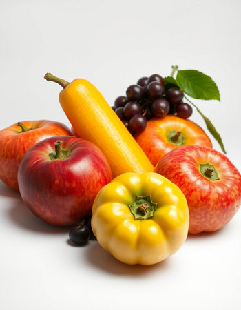 Fresh fruits and vegetables isolated on white background. Healthy food concept.