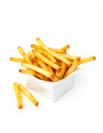 French fries in a white box on a white background. Selective focus.