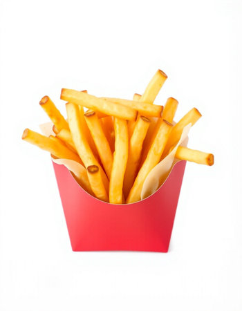 French fries in red box isolated on white background. Fast food.