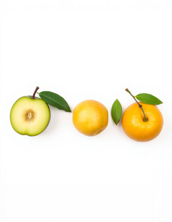Fresh fruit with green leaves isolated on a white background.