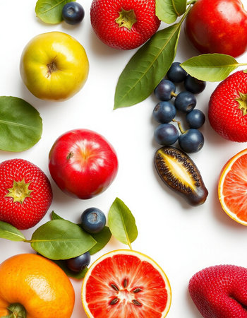 Fruits and berries on white background. Flat lay, top view