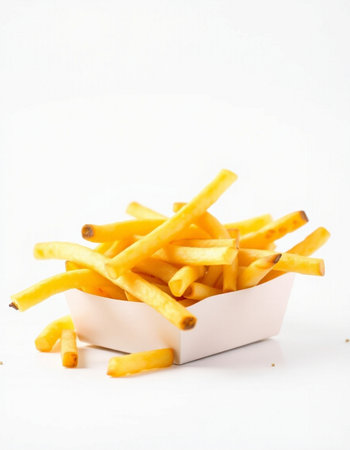 French fries in a paper box on a white background. Selective focus.