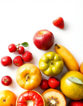 Fruits isolated on white background. Healthy food concept. Flat lay, top view