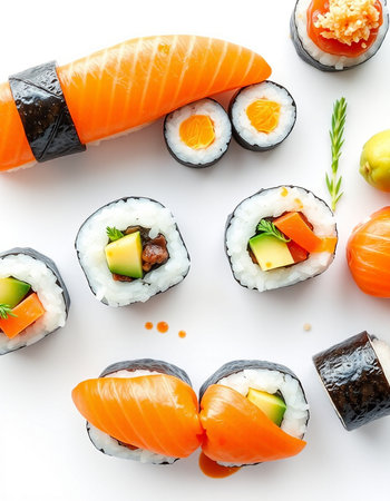 Japanese food. Sushi set isolated on white background. Top viewの写真素材
