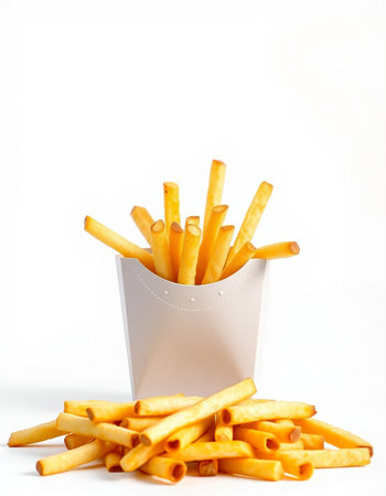 French fries in paper box on white background. Selective focus.