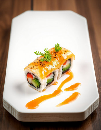 Maki Sushi - Roll made of Smoked Eel, Cucumber, Cream Cheese and Tomato inside. Served with Sauceの写真素材