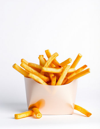 French fries in paper box on white background. Fast food concept.の写真素材