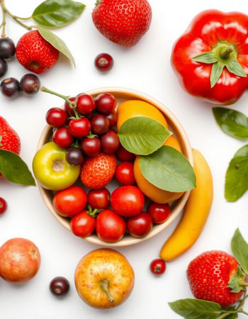 Fresh fruits and berries in wooden bowl on white background, top viewの写真素材