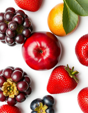 Fresh fruits isolated on white background. Top view. Flat lay patternの写真素材
