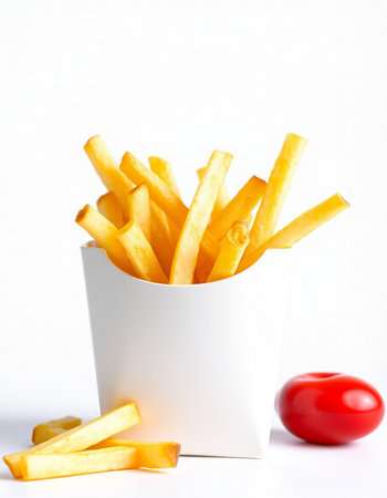French fries in a white paper cup on a white background with tomatoの写真素材