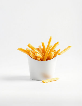 French fries in white paper cup on white background. Isolated.