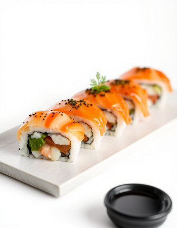 Japanese food - Sushi Roll with Salmon, Cream Cheese and Raw Salmon insideの写真素材