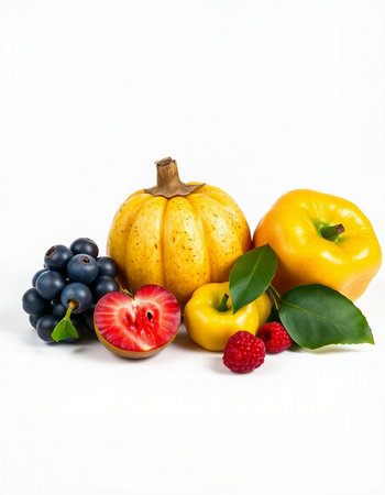 pumpkin, berries and fruits isolated on white background, healthy foodの写真素材