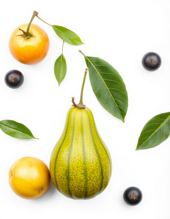 Green pear with black currant and black currant on white background