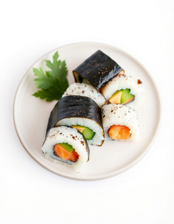 Sushi rolls on a plate isolated on a white background. Japanese food