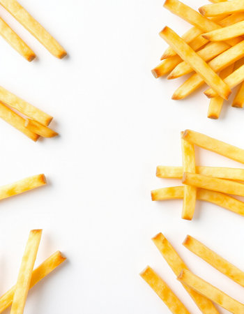 French fries on a white background, top view, copy space.の写真素材