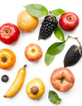 Fruits and berries isolated on white background. Flat lay, top view