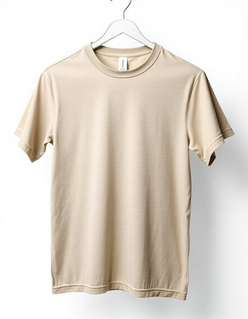 Blank beige t-shirt on hanger isolated on white backgroundの写真素材
