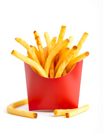 French fries in a red box on a white background. Isolated