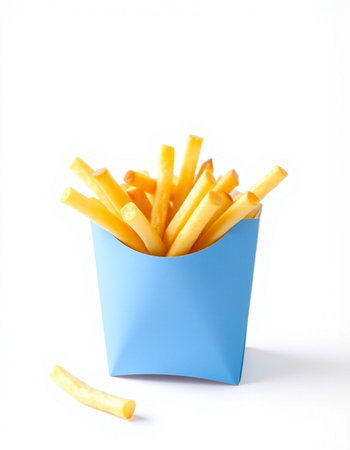 French fries in a blue box on a white background. Isolatedの写真素材