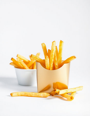 Golden French fries in a white bowl on a white background with copy space