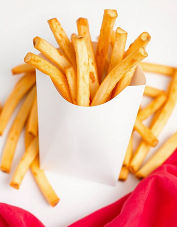 French fries in a white box on a white background with red cloth