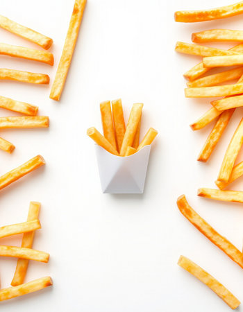 French fries in paper box on white background. Top view, flat lay