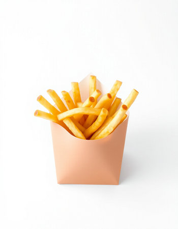 French fries in paper box isolated on white background. Fast food.