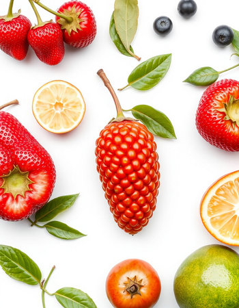 Fresh fruits isolated on white background. Top view. Flat lay pattern