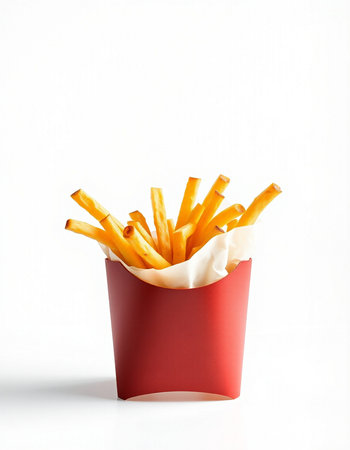 French fries in paper box isolated on white background. Fast food.