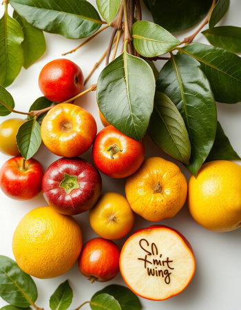 Fruits and leaves on a white background. Flat lay, top view.