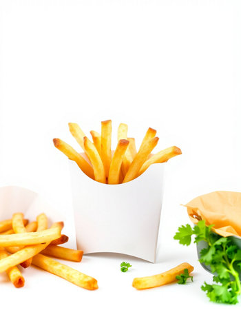 French fries in paper box isolated on white background. Fast food.