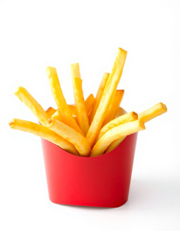 French fries in a red box isolated on white background. Close up.