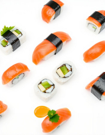 Japanese food, sushi and rolls on a white background, top viewの写真素材