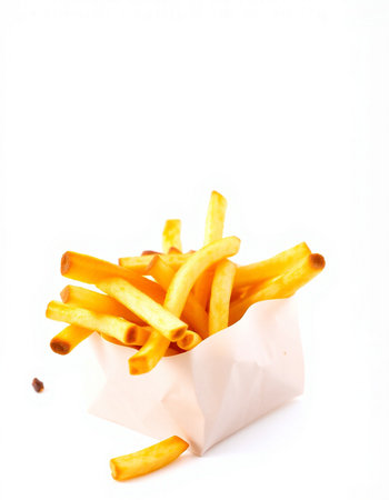 French fries in paper bag isolated on white background. Selective focus.