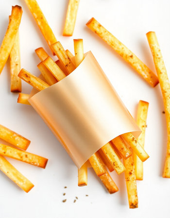 French fries with blank label on white background. Top view, flat layの写真素材
