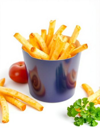 French fries in a blue bowl with parsley on a white backgroundの写真素材
