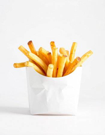 French fries in a white paper box isolated on a white background.