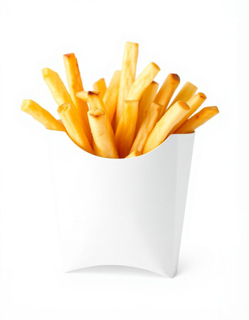 French fries in a paper box on a white background. Isolated