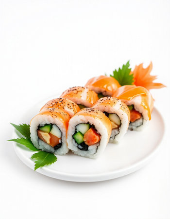 Sushi roll with salmon, cucumber and cream cheese on white backgroundの写真素材