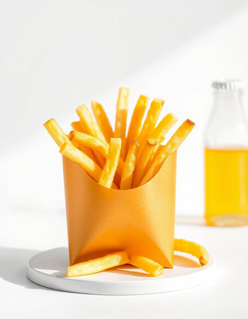 French fries in a paper box on a white background. Close-up.