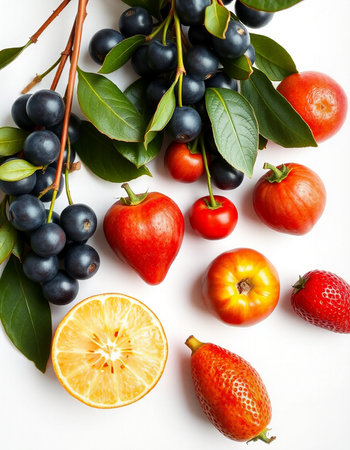Fruits and berries on a white background. Flat lay, top viewの写真素材