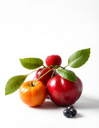 Ripe fruits on a white background. Healthy food and vitamins.の写真素材