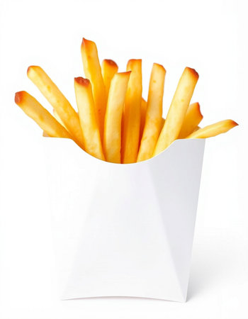 French fries in a white box on a white background. Isolated