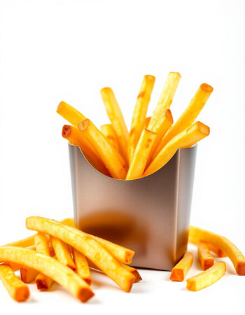 Golden French fries in a metal box isolated on a white background.