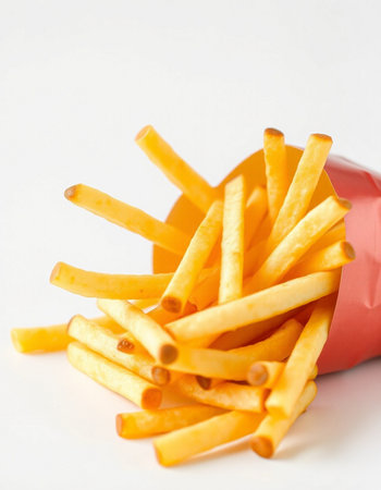 French fries in a red paper bag on a white background close up
